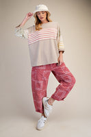 Easel Mixed Print Mineral Washed Boxy Top in Light Mushroom