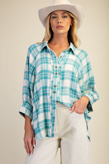 Easel Woven Plaid Top in Aqua