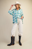 Easel Woven Plaid Top in Aqua