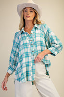 Easel Woven Plaid Top in Aqua