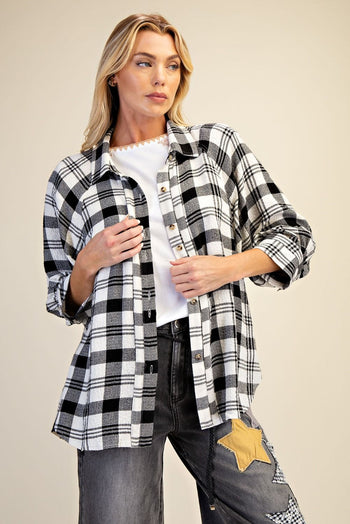 Easel Woven Plaid Top in Black