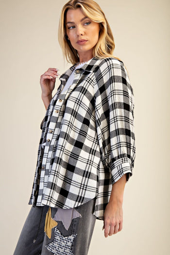 Easel Woven Plaid Top in Black