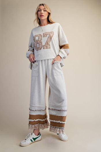 Easel Terry Knit Pant with Contrasting Color Mix Bottom Hem in Light Heather Grey