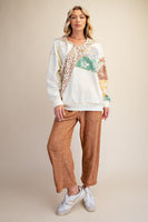 Easel Mixed Print Washed Terry Knit Pullover Hooded Top in Ecru