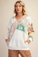 Easel Mixed Print Washed Terry Knit Pullover Hooded Top in Ecru