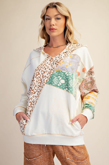 Easel Mixed Print Washed Terry Knit Pullover Hooded Top in Ecru