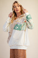 Easel Mixed Print Washed Terry Knit Pullover Hooded Top in Ecru