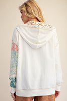 Easel Mixed Print Washed Terry Knit Pullover Hooded Top in Ecru