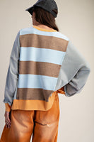 Easel Mixed Stripe Terry Knit Pullover Top in Mocha Blue