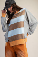 Easel Mixed Stripe Terry Knit Pullover Top in Mocha Blue