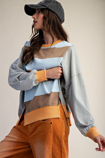 Easel Mixed Stripe Terry Knit Pullover Top in Mocha Blue