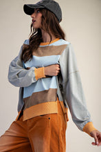 Load image into Gallery viewer, Easel Mixed Stripe Terry Knit Pullover Top in Mocha Blue
