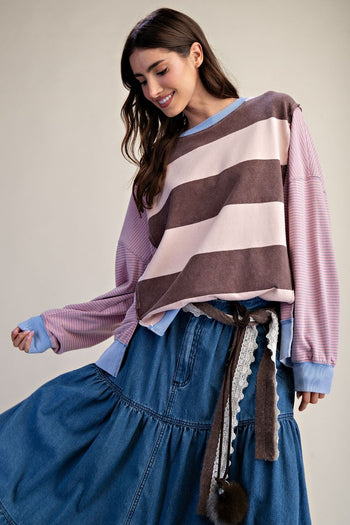 Easel Mixed Stripe Terry Knit Pullover Top in Strawberry Chocolate