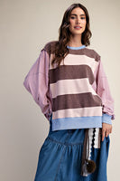 Easel Mixed Stripe Terry Knit Pullover Top in Strawberry Chocolate