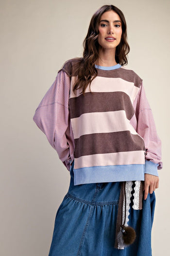 Easel Mixed Stripe Terry Knit Pullover Top in Strawberry Chocolate