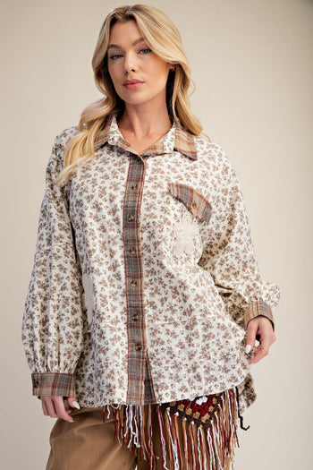 Easel Floral Print Washed Button-Down Shirt in Khaki