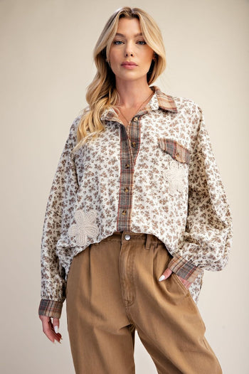 Easel Floral Print Washed Button-Down Shirt in Khaki
