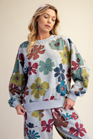 Easel Floral Print Mineral Washed Terry Pullover Top in Heather Grey