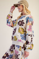 Easel Floral Print Mineral Washed Terry Pullover Top in Khaki