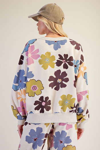Easel Floral Print Mineral Washed Terry Pullover Top in Khaki