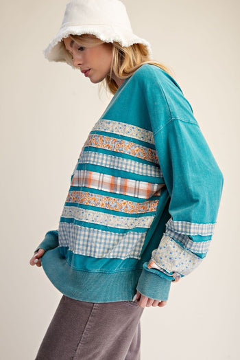 Easel Mixed Patch Washed Terry Knit Pullover Top in Teal Blue
