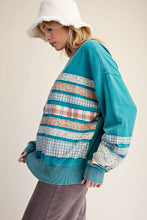 Load image into Gallery viewer, Easel Mixed Patch Washed Terry Knit Pullover Top in Teal Blue
