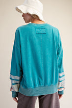 Load image into Gallery viewer, Easel Mixed Patch Washed Terry Knit Pullover Top in Teal Blue
