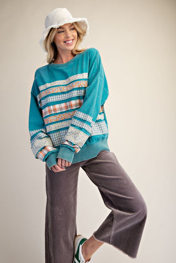 Easel Mixed Patch Washed Terry Knit Pullover Top in Teal Blue