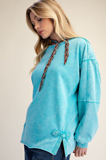 Easel Bow Tape Hem Washed Terry Knit Pullover Top in Day Blue