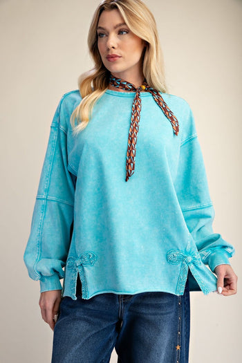 Easel Bow Tape Hem Washed Terry Knit Pullover Top in Day Blue