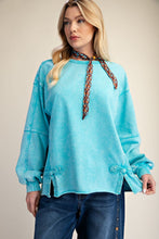 Load image into Gallery viewer, Easel Bow Tape Hem Washed Terry Knit Pullover Top in Day Blue

