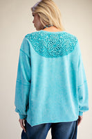 Easel Bow Tape Hem Washed Terry Knit Pullover Top in Day Blue