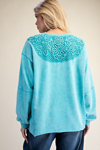 Easel Bow Tape Hem Washed Terry Knit Pullover Top in Day Blue