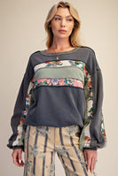 Easel Mix Print Washed Terry Knit Pullover Top in Ash Navy