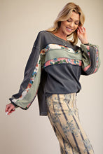 Load image into Gallery viewer, Easel Mix Print Washed Terry Knit Pullover Top in Ash Navy
