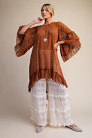 Easel Sheer Brushed Lace Ruffle Bottom Tunic in Cinnamon