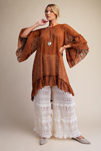 Easel Sheer Brushed Lace Ruffle Bottom Tunic in Cinnamon