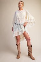 Easel Sheer Brushed Lace Ruffle Bottom Tunic in Ivory