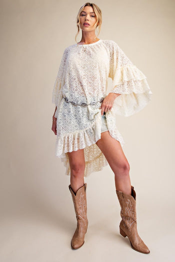 Easel Sheer Brushed Lace Ruffle Bottom Tunic in Ivory