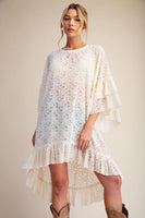 Easel Sheer Brushed Lace Ruffle Bottom Tunic in Ivory