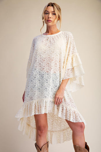 Easel Sheer Brushed Lace Ruffle Bottom Tunic in Ivory
