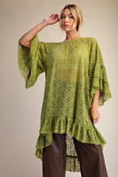Easel Sheer Brushed Lace Ruffle Bottom Tunic in Matcha