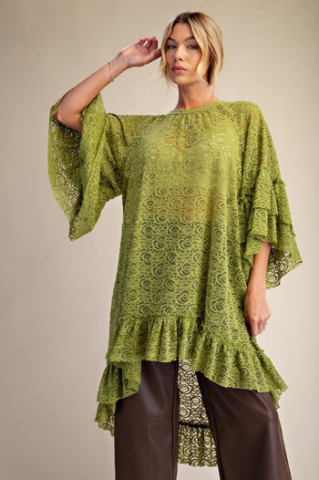 Easel Sheer Brushed Lace Ruffle Bottom Tunic in Matcha