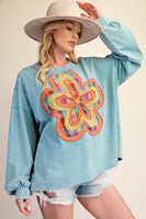 Easel Floral Patch Front Washed Terry Pullover in Dusty Blue