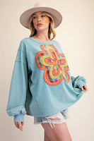 Easel Floral Patch Front Washed Terry Pullover in Dusty Blue