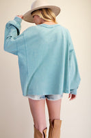 Easel Floral Patch Front Washed Terry Pullover in Dusty Blue