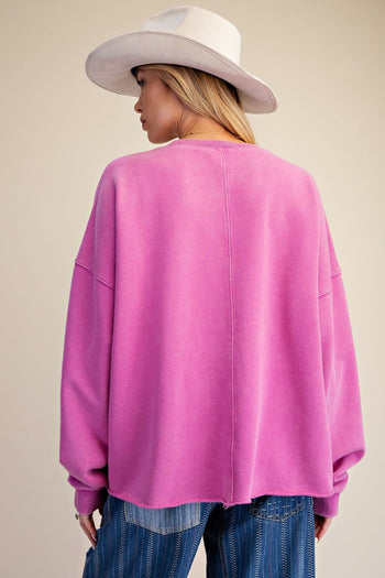 Easel Floral Patch Front Washed Terry Pullover Top in Dragon Fruit