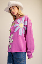 Load image into Gallery viewer, Easel Floral Patch Front Washed Terry Pullover Top in Dragon Fruit
