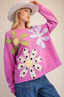 Easel Floral Patch Front Washed Terry Pullover Top in Dragon Fruit