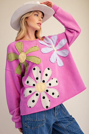Easel Floral Patch Front Washed Terry Pullover Top in Dragon Fruit